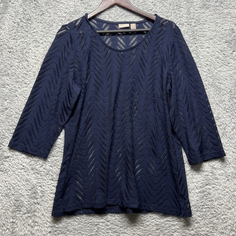 Chicos Top‎ Womens 3 US XL Navy Blue Chevron Lace Blouse Resort Casual Nautical